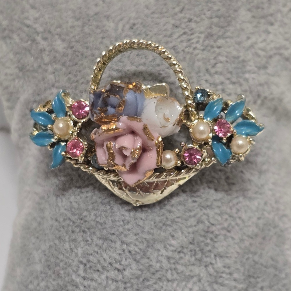 Vintage Cottagecore Floral Basket Brooch Gold Tone Faux Pearl Porcelain Rose Pin